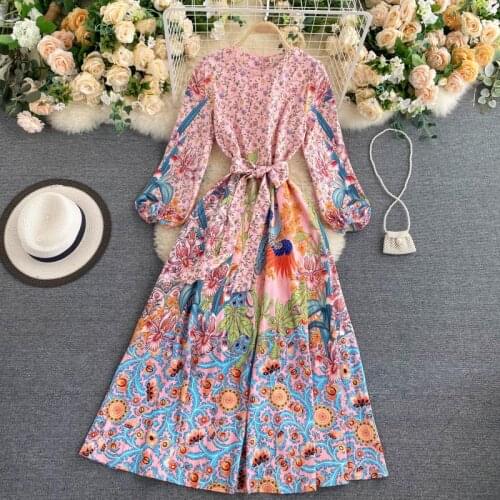 New Autumn Fashion Retro Print Maxi Dress For Women French Puff Sleeve Lace up A-line Dresses Elegant Streetwear Long Robe