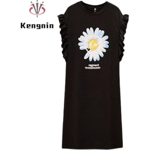 Women T-Shirt Dress European 2021 Summer Dress Cotton Daisy Petal Sleeve Female Robe Dress Oversized Loose Black Dress KE1349