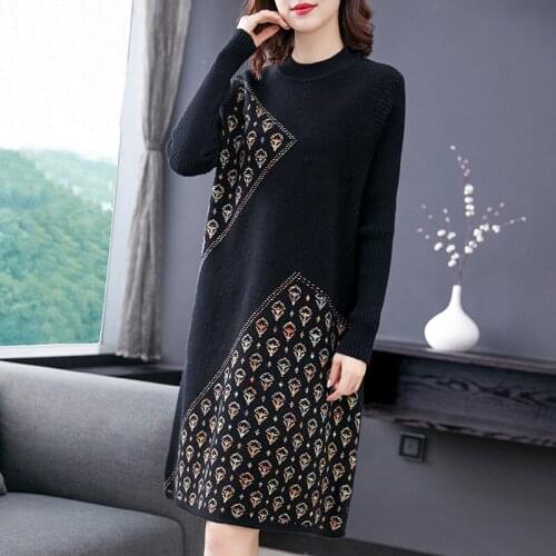 New Cashmere Knitted Sweater Dress for Women Print Half Turtleneck Pullover Dresses Autumn Winter Female Loose Vestidos 2021