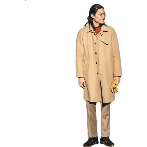 Winter Solid Yellow Streetwear Woolen Overcoat Warm Mens Thick Singal Breasted Loose Long-Length Casual Trench Coat Male Jacket