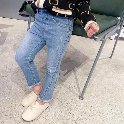 2021 Spring And Autumn Blue Cotton Girls' Jeans Childrens Casual Pants Kids Clothes Children Clothing Girls Fashion Elastic