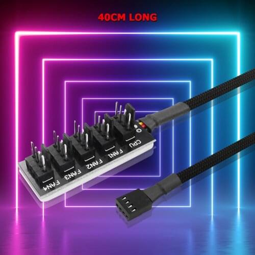 1 to 5 PWM Fan Hub Adapter 4-Pin Sleeved Power Cable Extension Cable Splitter Adapter Controller for CPU Cooler PC Case Fan