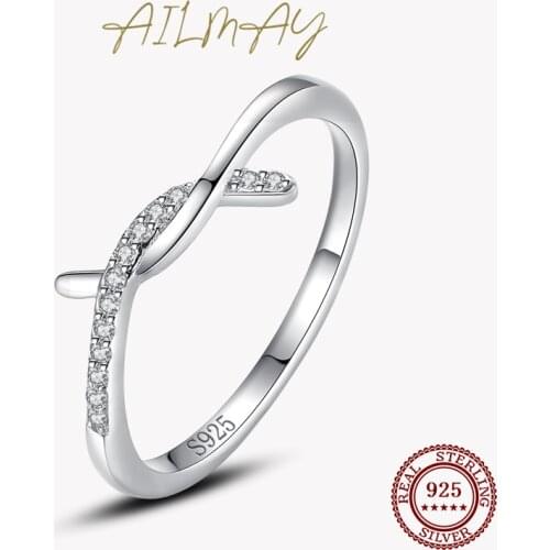 Ailmay 100% Real 925 Sterling Silver Line Clear CZ Finger Rings Geometric Line Rings For Women Classic Wedding Statement Jewelry