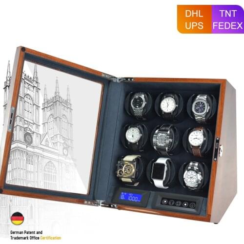 Luxury 9 Slot Automatic Watch Winder LCD Control Watches Wood Boxes Brown Glossy Lacquer Battery Powered Wooden Watch Box Gift