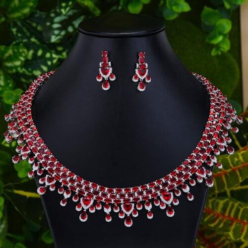 GODKI Exclusive Clear Crystal Red Green Blue 2pcs Necklace Earrings New 2020 Shining Tassel Dubai Fine Jewelry Sets for Ladies