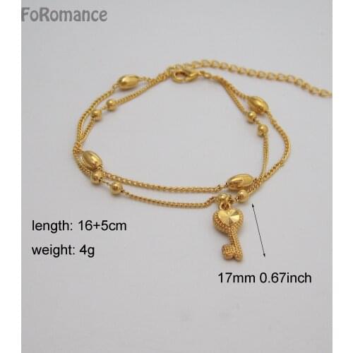 Foromance 3 designs LADY YELLOW GOLD SOLID GP FILLED TWO LINES COMBINED BEADS BRACELET WITH KEY STAR HEART CHARM LENGTH 16CM+5CM
