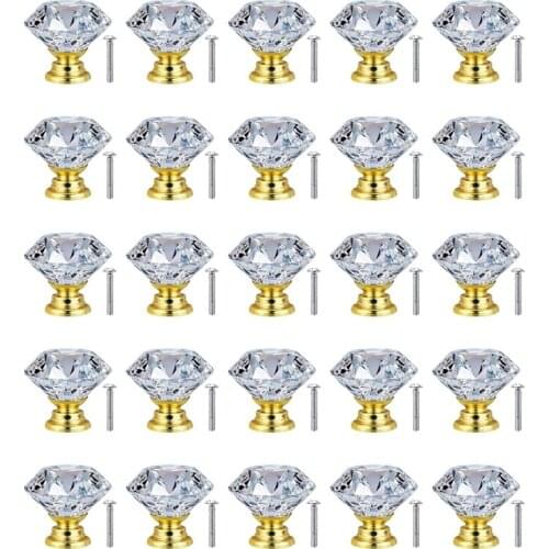 HLZS-25 Pack 30 mm Crystal Glass Door Cabinet Knobs Cupboard Drawer Pull Handle ( Gold Base),for Kitchen Office Chest Cabinet