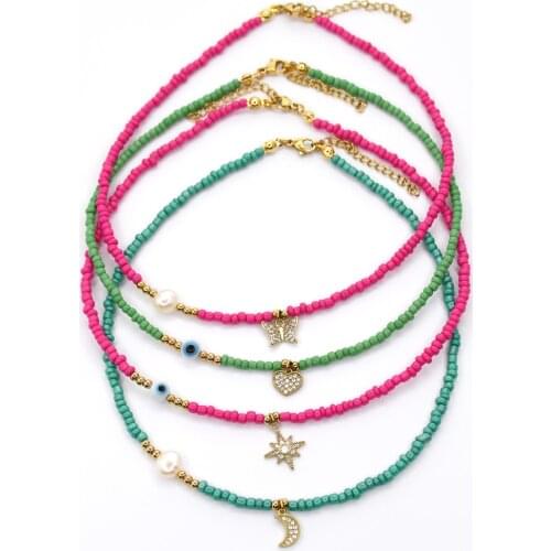 Customized CZ Stone Pendant Necklace Choker Glass Beads Evil Eye Beaded Necklaces for Women