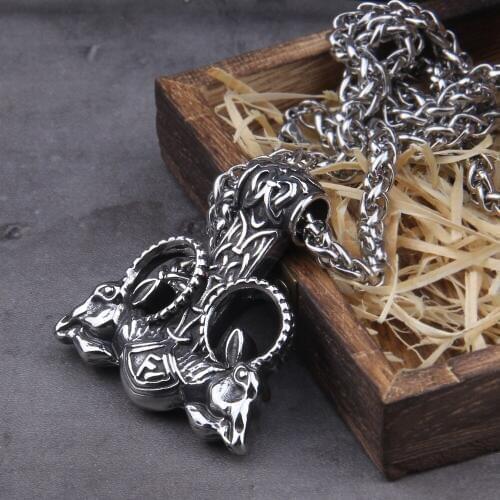 Vikings Jewelry Stainless Steel Odin Goat thor hammer with Rune Necklace as men gift with wooden box