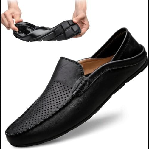 Italian Mens Shoes Casual Luxury Brand Summer Men Loafers Genuine Leather Moccasins Light Breathable Slip on Boat Shoes JKPUDUN