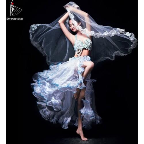 2018 New Women Professional Luxury Dancewear Set belly dancing Costumes Oriental Style Beads Belly Dance Bra Belt Skirt 3pcs