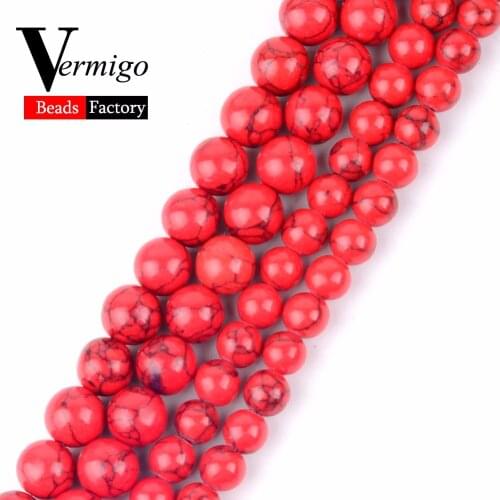 Natural Stone Red Turquoises Round Spacer Beads For Needlework Jewelry Making Diy Ball Beads Bracelet Necklace 4 6 8 10 12MM 15"