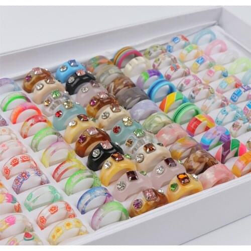 10pcs/lot Fashion Colorful Flowers Fruit Crystal Resin Jewelry Rings For Women Mix Style Party Gifts Wholesale