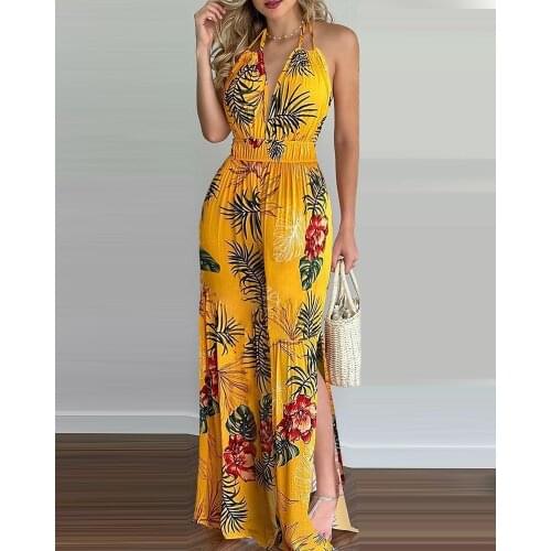 Womens New Fashion Sexy Printed Spaghetti Strap Backless Wide Leg Pants Split Fork Jumpsuit Romper Playsuit