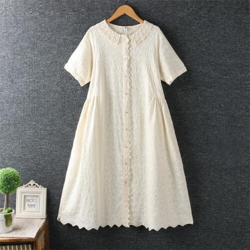 2020 new summer dress small fresh solid color embroidery cotton and linen loose short-sleeved dress female 3848