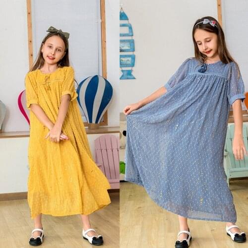 Muslim Girls Sweat Dress Children Abaya Moroccan Dresses Kids Kimono Half Sleeve Hijab Elbise Dubai Vestido Kaftan Long Dresses