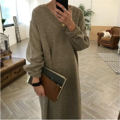 Casual Loose Long Sweater Dress Fall Winter Minimalist V-neck Knit Thick Females Dress Korean Oversize Solid Color Robe Sweater