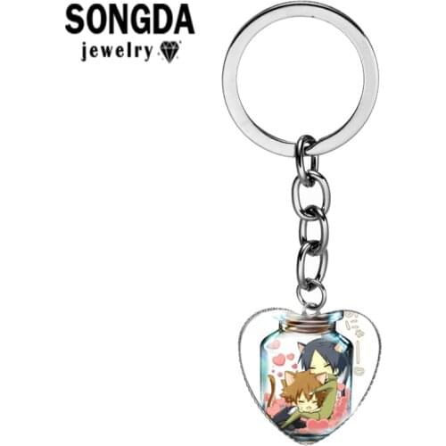 SONGDA Anime HITMAN REBORN! Heart Keychain Convex Glass Surface Metal Long Fashion Key Chain Girls Jewelry Pendant or Boys Gifts