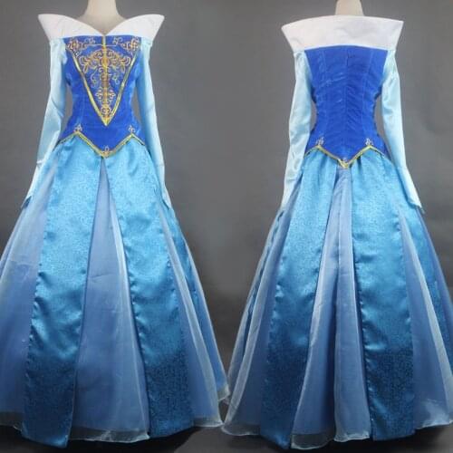 Sleeping Beautiful Girl Princess Aurora Cosplay Costume Adult Women Blue Party Show Dress Fancy Halloween Ball Gown
