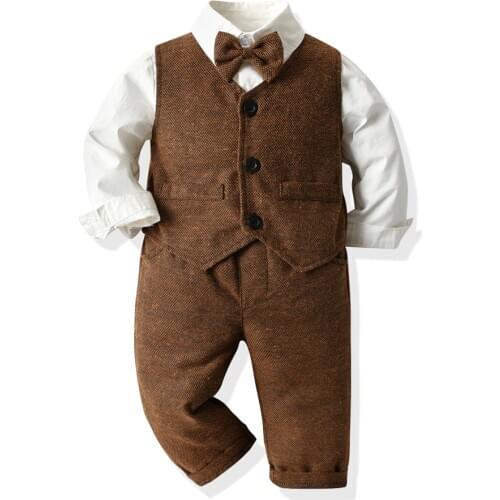 Top and Top 2020 Fall Babys Boy Clothes Gentleman Style Infant Sets 3Pcs Bowtie Shirts+Vest+pants Newborn Formal Bebes Clothing