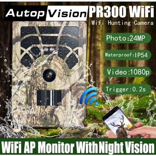 PR300 WiFi Trail Camera, 24mp Game Cameras 1080P HD Wildlife Hunting Camera with Night Vision Motion Activated Waterproof