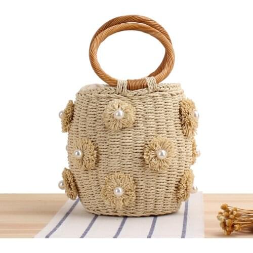 Aaby 2021 Newest Straw Bucket Bag For Women High Quality Straw Basket With Appliuques And Rattan Wristlats Handle Pearl Summer