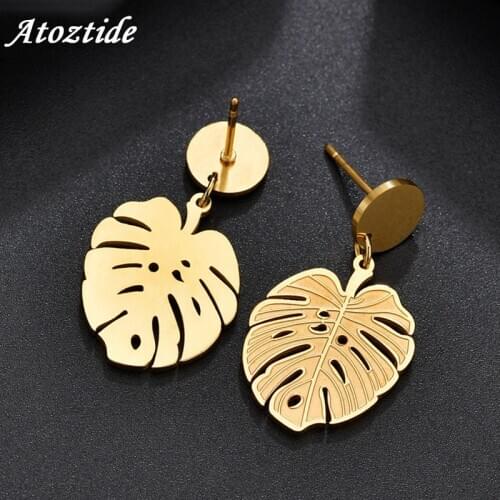 Atoztide 2019 New Fasion Hollow Leaf Earring For Women Gold Simple Stainess Steel Drop Earring Jewlry Gift For Lover