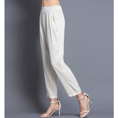High Quality Summer Pants Women 2021 100% Silk Trousers White Harem Pants Female Korean Fashion Pantalones De Mujer Pph4186
