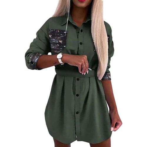 Spring Long Sleeve Shirt Dress Women Print Fashion Stitching Sequins Turn-down Collar Mini Dress Single Breasted Office Dresses