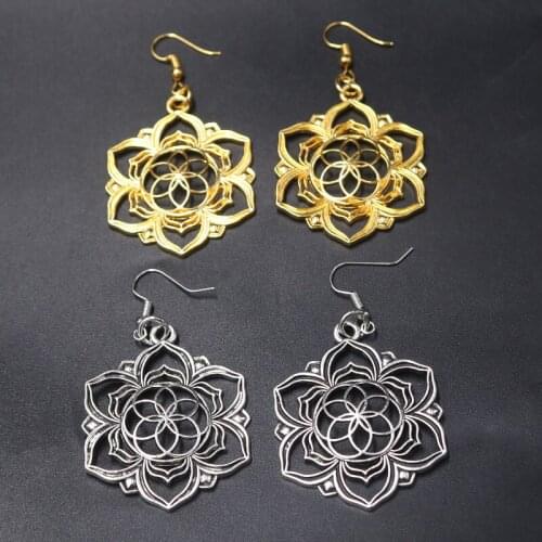 1pair Sacred Geometry Flower Of Life -Lotus Flower-seed of Life- Dangling Earrings -Bohemian Hippie Gypsy Yoga Style Jewelry