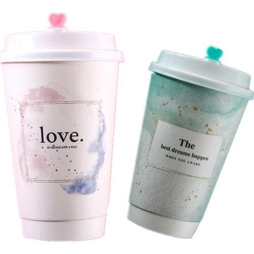 50pcs Creative thick coffee paper cup 500ml disposable double layer hot cold drink takeaway packaging cups with love lid
