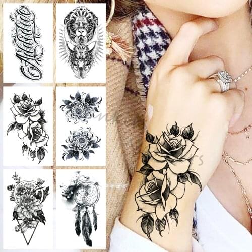 Black Flower Temporary Tattoos For Women Girls Realistic Dream Catcher Floral Fake Tattoo Sticker Arm Leg Tatoos Tribal