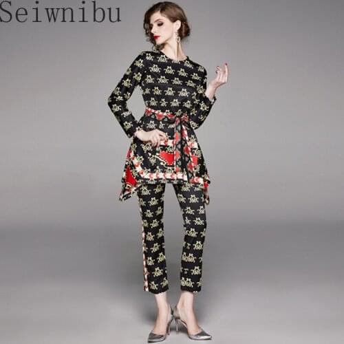 Elegant Print Sets Women Long sleeve Ruched Sashes Blouse Top + High waist trousers Two-piece set Office Lady New
