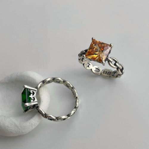 France Design Vintage Retro 925 Stamp Silver Color Geometric Square Green Orange Beads Inlaid Rings For Women Charms Jewelry