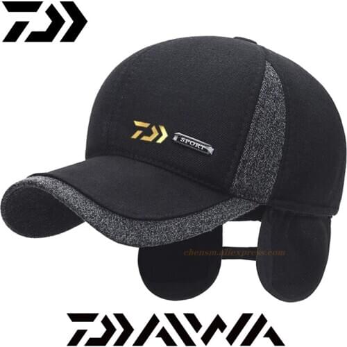 Daiwa 2021 New Warm Mens Winter Outdoor Wool Baseball Cap Ear Flaps Snapback Snow Hats Thicken Cotton Fitted Cap Fishing Cap