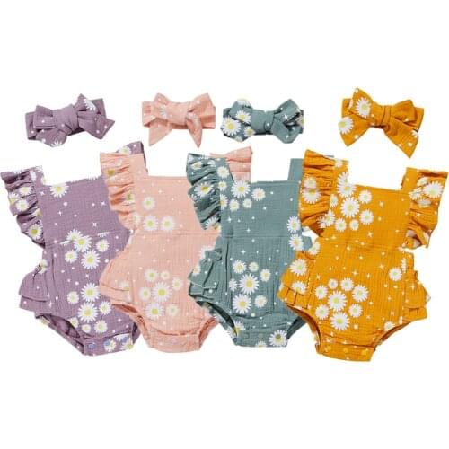 4 Colors Lovely Newborn Baby Girls Summer Clothes Daisy Print Ruffles Sleeve Cotton Linen Romper Jumpsuits Headwear Soft Outfits