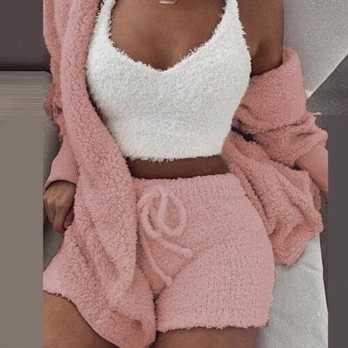 Fashion Plush Clothing Set For Women 3 Pieces Long Sleeve Jacket Crop Top + Shorts Set 2019 Autumn Tracksuit Casual Suits
