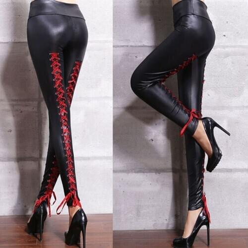 Sexy Lace-Up Moto Biker Leggins Female Faux Leather Leggins Autumn High Waist Elastic Women Legging Bandage Stretch Leggings