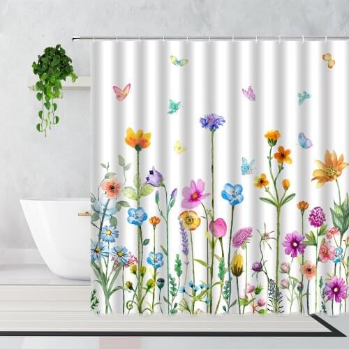 Summer 3D Plant Flowers Shower Curtain Color Butterfly White Background Home Decoration Accessories Waterproof Bath Curtains Set