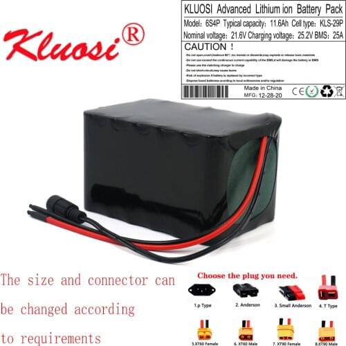 KLUOSI 6S4P 24V 11.6Ah 21.6V 12Ah 25.2V Lithium Battery Pack with 25A BMS for Electric Bicycle Ebike Scooter Wheelchair Cropper