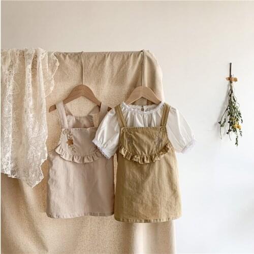 Lunoakvo 2021 Kids Clothing Embroidery Dress for Girls Ruffle Clothes Kids Spring Summer Suspender Skirt Baby Outfits Clothing