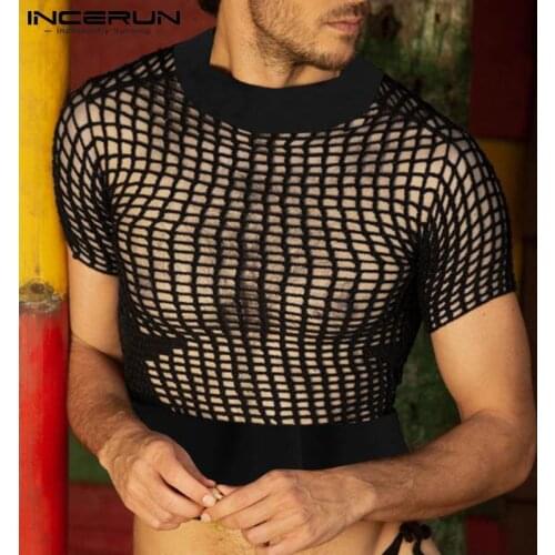Men Mesh T Shirt Transparent 2021 Streetwear Turtleneck Short Sleeve Casual Tee Tops Breathable Sexy Party Nightclub Camisetas