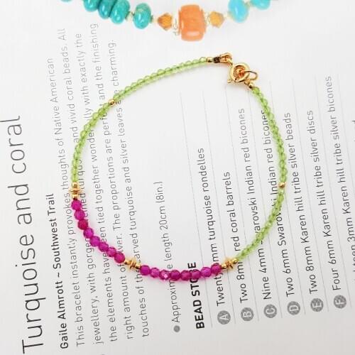 Natrual Stone Peridot 2mm ,Remade Ruby 925 sterling silver Gold Shining Tiny Bracelet 7''/18cm