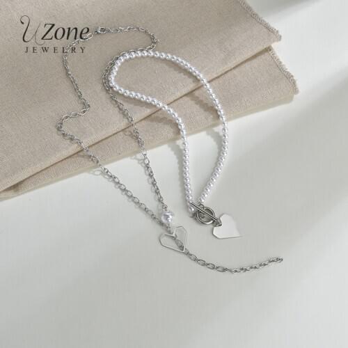 UZone Round Pearls Heart Pendant Necklace Stainless Steel Double-layer Detachable Chain Necklaces For Women Girls Accessory Gift