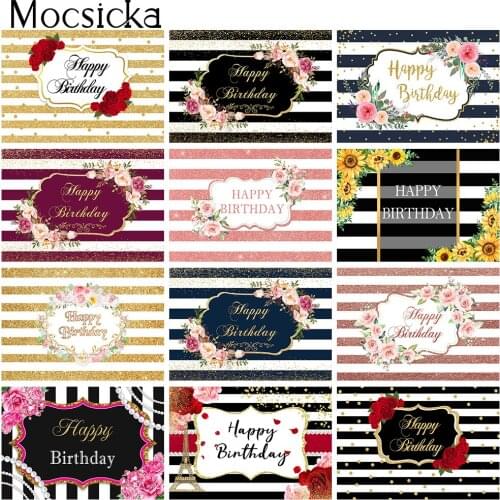Stripes Adult Happy Birthday Photo Backdrop Flowers Rose Floral Children Birthday Cake Table Background Golden Dots Photography