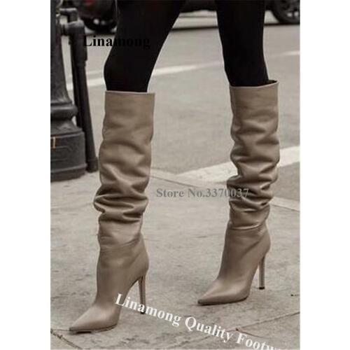 Newest Women Fashion Pointed Toe Stiletto Heel Knee High Boots Slip-on Leather Long High Heel Boots Evening Dress Shoes