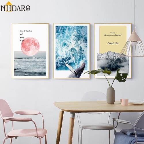 Nordic Red Sun Seascape Whales Misty Mountains Canvas Art Print Painting Poster Wall Pictures For Living Room Home Decor