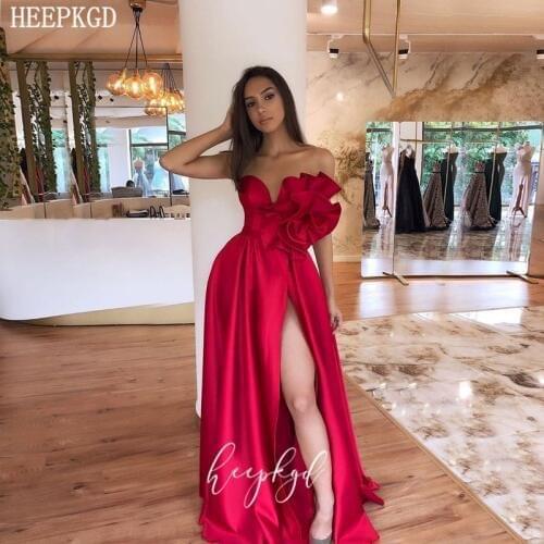 Sexy Red Long Prom Dresses High Slit Sweetheart Corset Back Big Satin Flowers Plus Size Wedding Party Dress Graduation Gowns