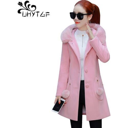 UHYTGF New Fur collar Hooded autumn Wool jacket Women fashion Medium long Windbreaker outerwear Slim Female Plus size Coats 1230