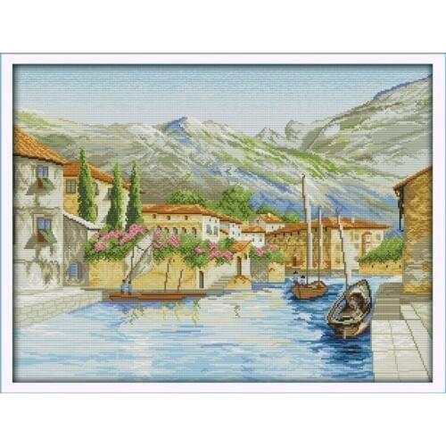 Lake Side Town Scenery Needlework,Cross stitch,Set For Embroidery kits,Precise Printed Patterns Cross-Stitching,DIY Handmade